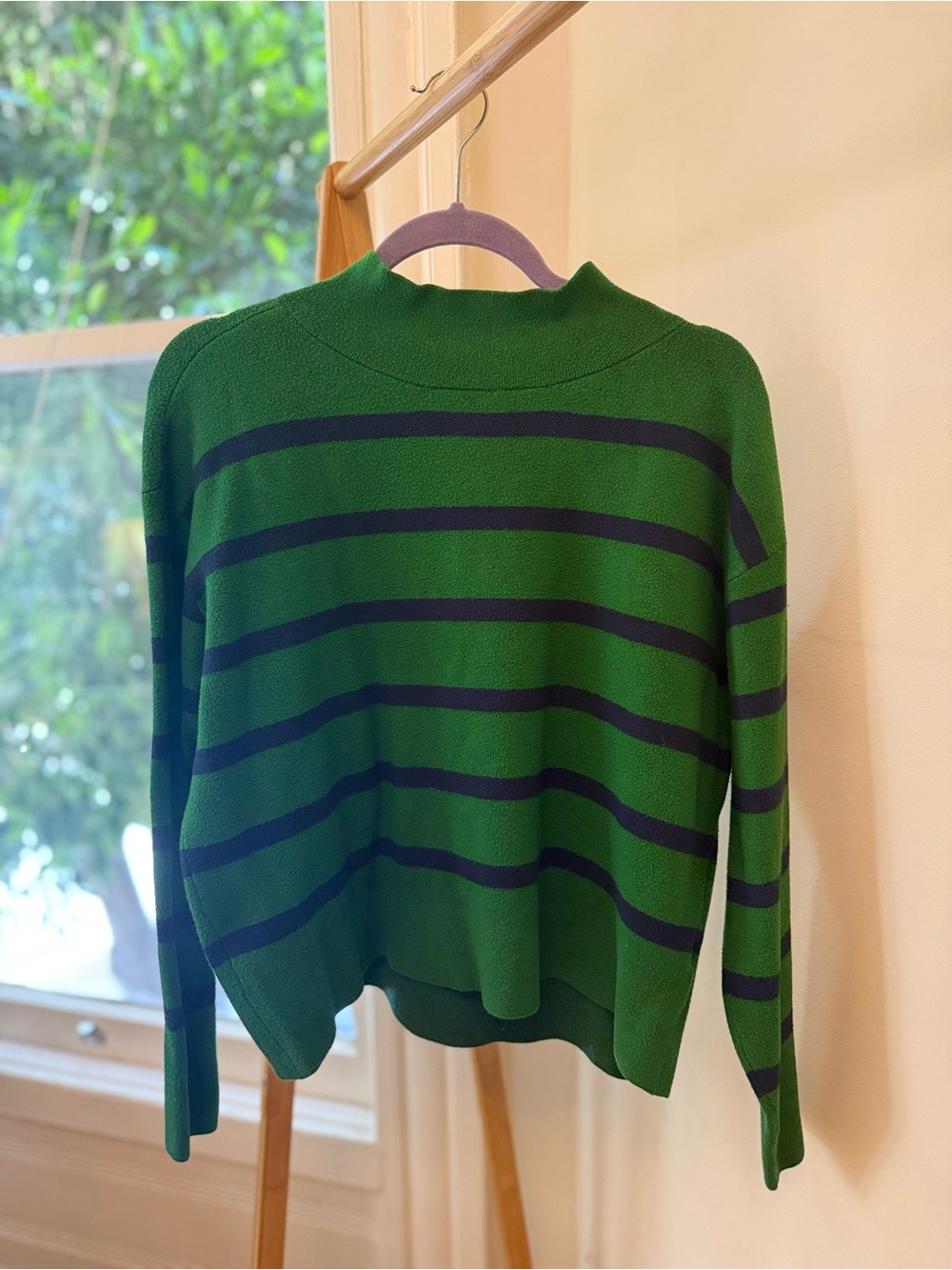 Maeve Green and Navy Striped Crewneck Sweater